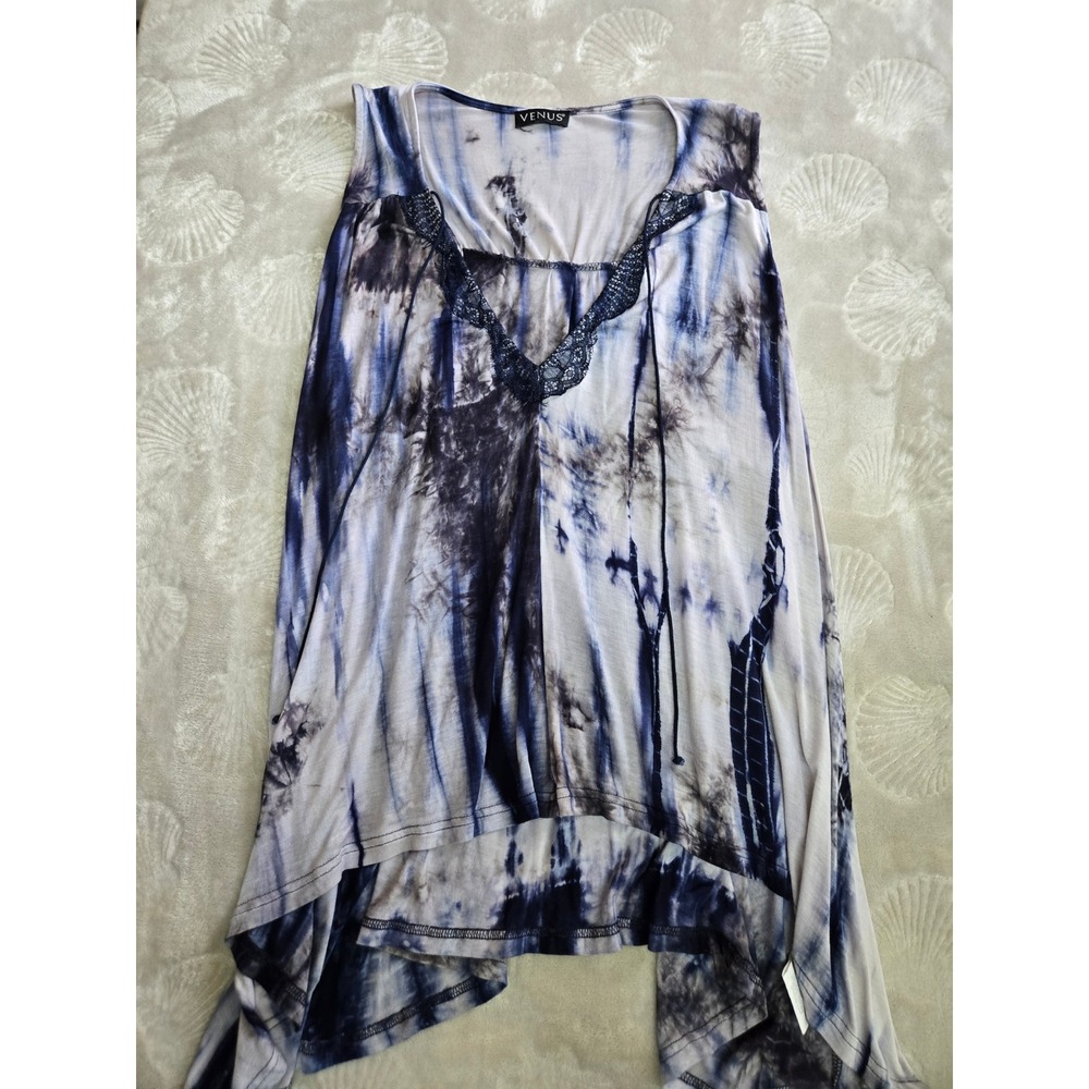 Venus Tie Dye Lace Trim High Low Sharkbite Hem Sleeveless Tank Top Blue White
